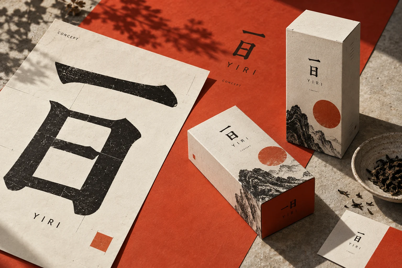 虚构品牌一日 YIRI 的奶油色茶包装、黑色字体与橘红色海报概念静物